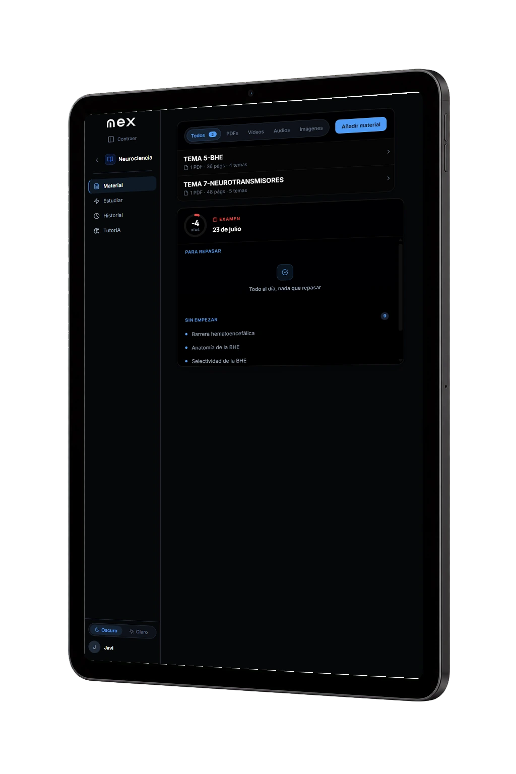 NEX abierto en un iPad: la asignatura de Neurociencia con sus temas detectados, la cuenta atrás del examen y lo que queda por repasar.